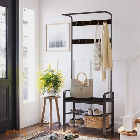 Goliving Kapstok – Garderoberek – Halmeubel – Schoenenrek – Schoenenkast – Industriële kast – Metaal/Hout – 72 x 34 x 183 cm – Zwart