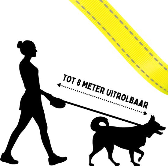 By Cee Cee Hondenriem 8 Meter - Looplijn voor Hond Tot 50KG - Zwart - Reflecterende Lijn - Stevig Robuust Materiaal - Soepele In -en Uitrol