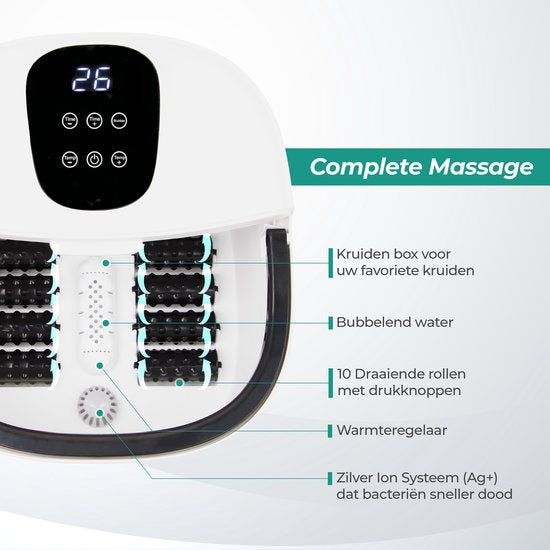 Niceey Massage Voetenbad XXL – Elektrisch Voetbad met massage – 10 Massage Rollers – Tot 48°C - Infrarood Voetmassage - 12L - Wit