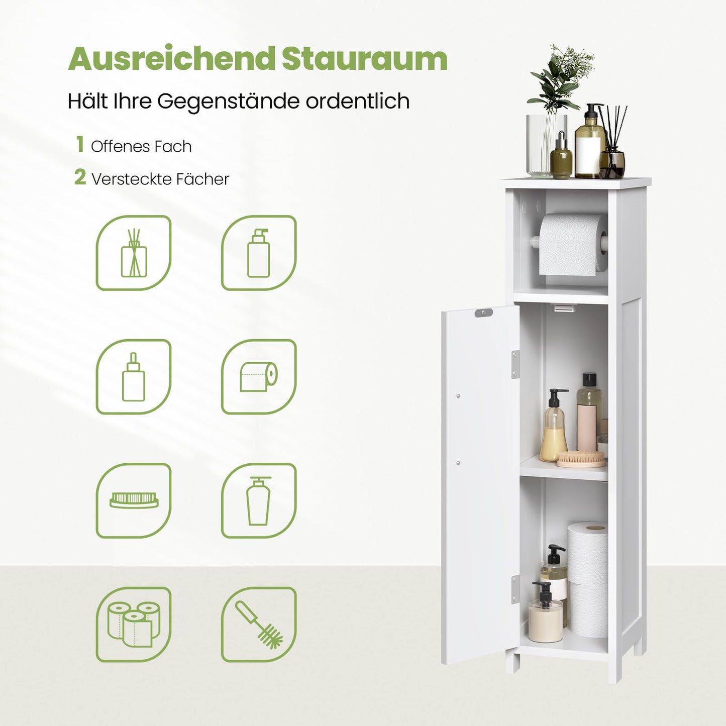 EUGAD 0229WY toilet kast badkamer kast - smal wit - verstelbare plank en toilet papier houder
