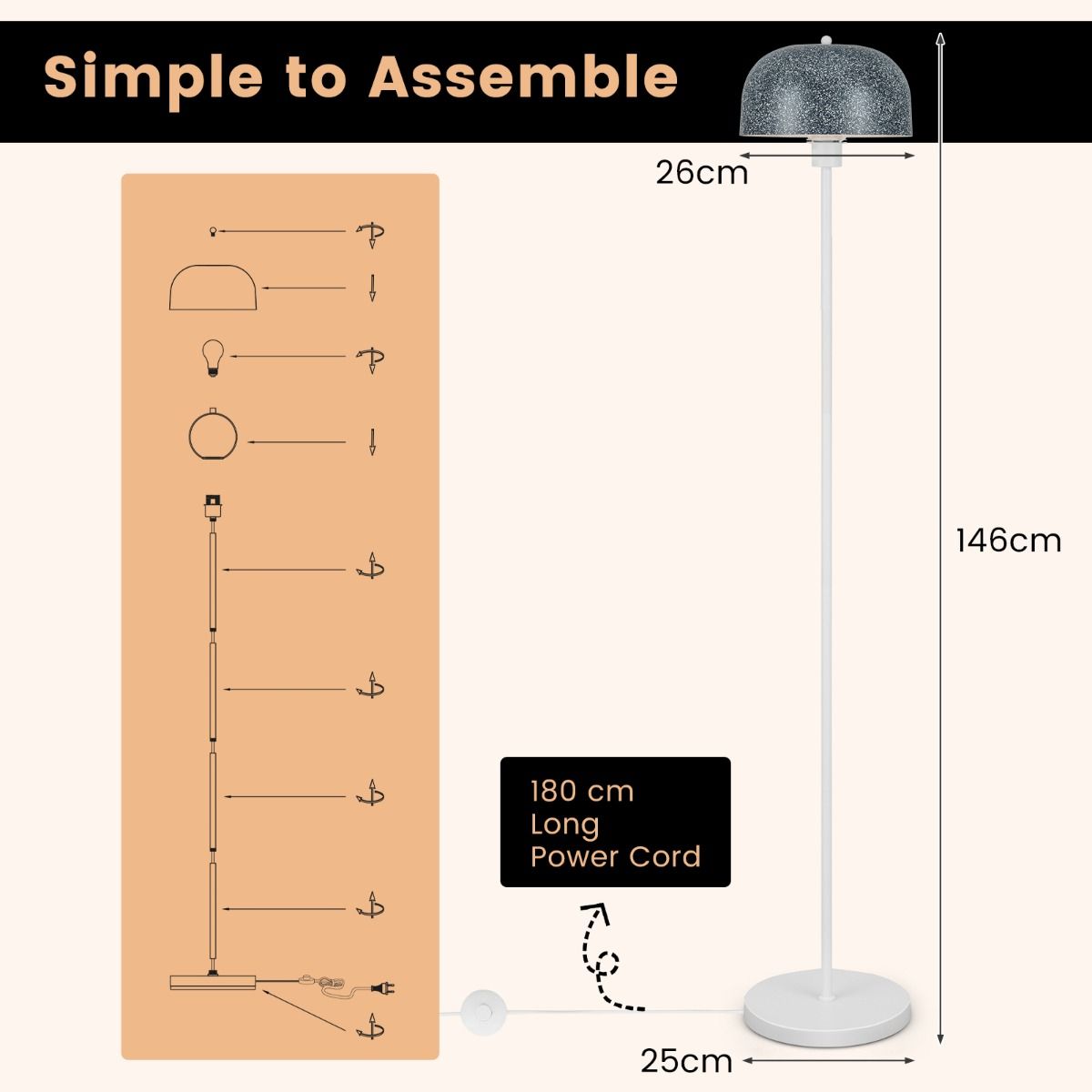 Coast Vloerlamp 146 cm Grijs-Wit met Kap en Voetschakelaar – Moderne Staande Lamp met Verzwaarde Voet en E27 Fitting