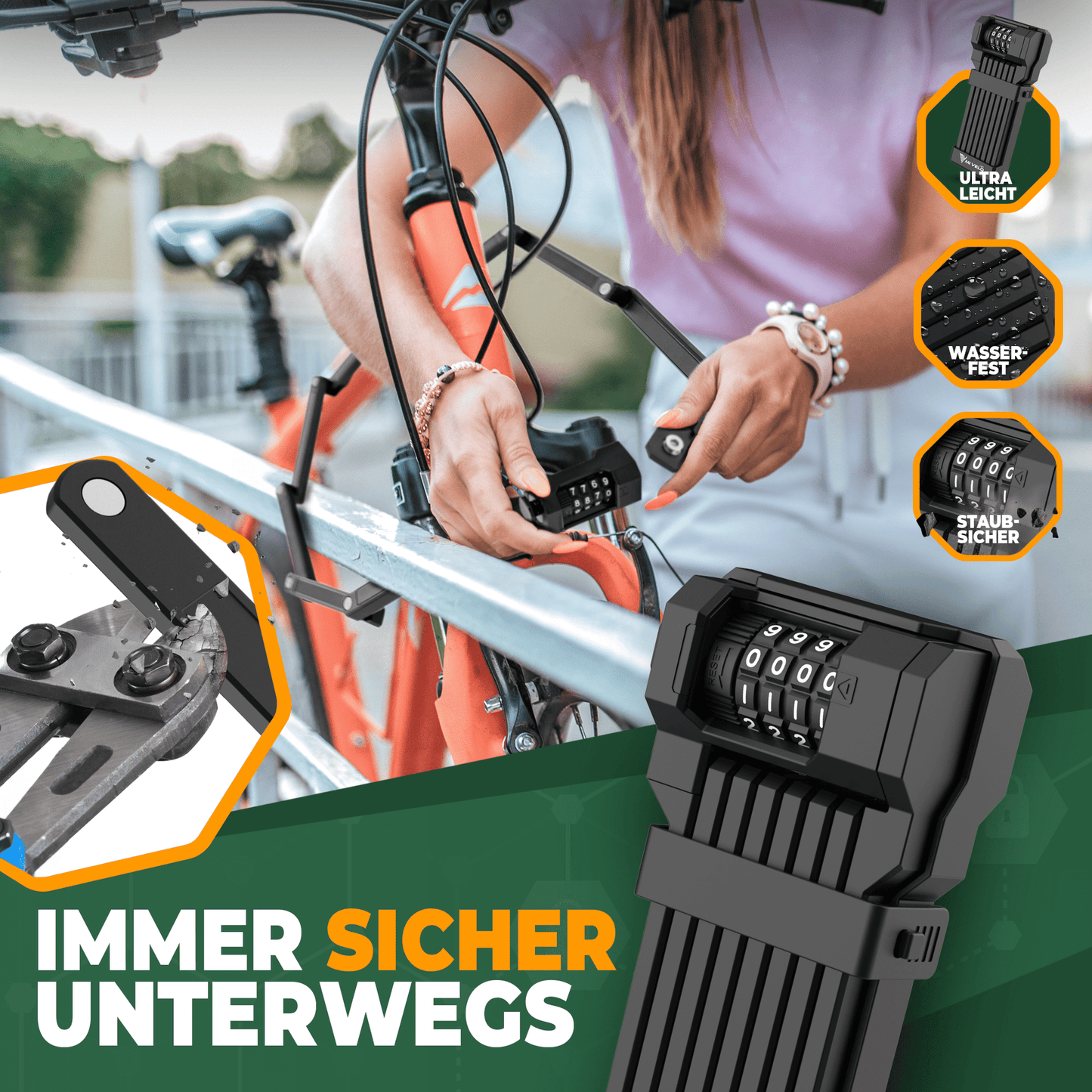 MIVELO - Vouwslot Met Combinatiecode - 85 cm Lang - Beveiligingsniveau 08/10 - Koolstofstaal - Zwart