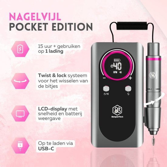 Beeperfect® Elektrische Nagelvijl Pocket Edition - Nagelfrees - Manicure en pedicure set - Draadloos - 6000MaH Accu - Inclusief 26 bitjes 60 schuurrolletjes en 5 accessoires - 40.000RPM