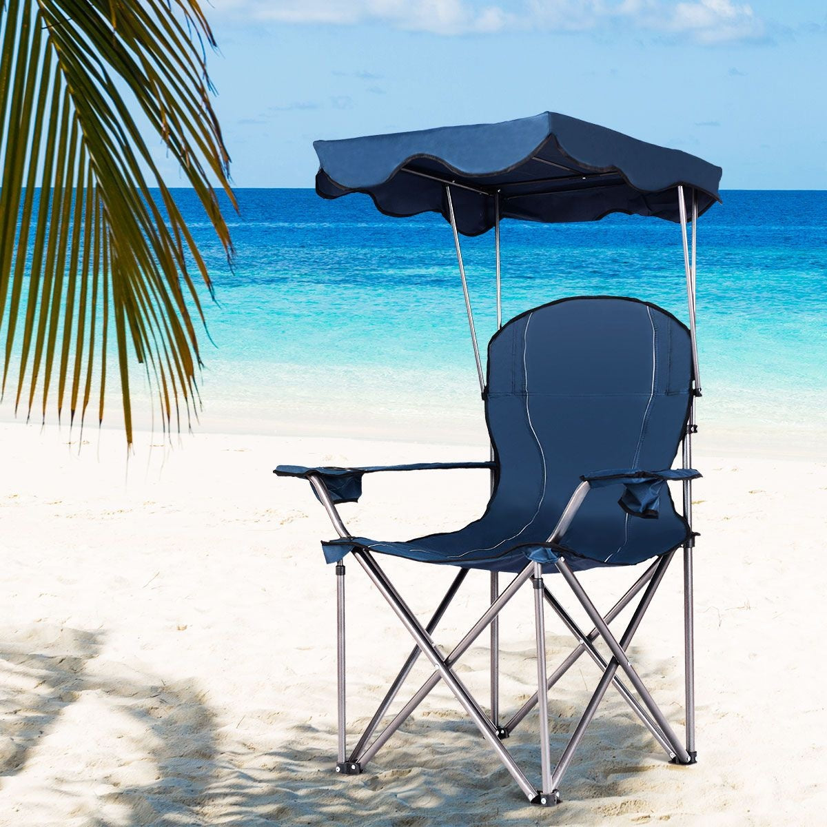 Coast Opvouwbare campingstoel- zonneluifel- bekerhouder Draagtas-96,5 x 67,5 x 130 cm - blauw