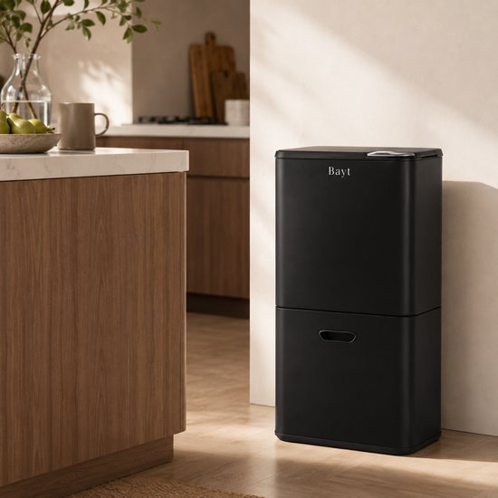 Bayt Prullenbak 60 Liter - Vuilnisbak 60 Liter - Prullenbak Afvalscheiding - 2 Compartimenten - RVS - Zwart
