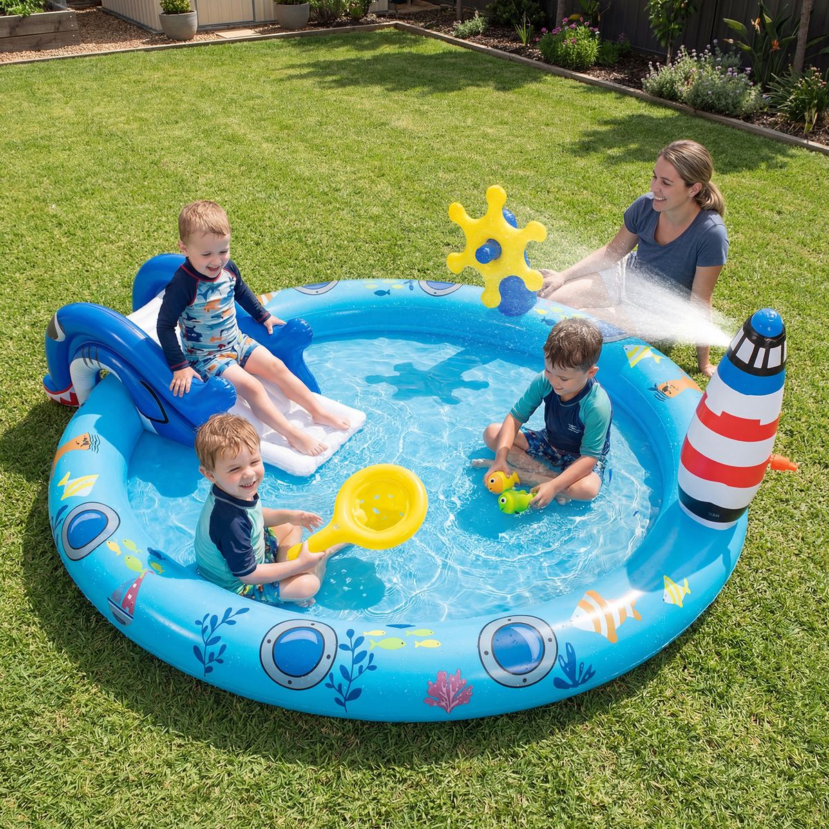 Coast Opblaasbaar Kinderzwembad - Waterspeelcentrum met zee-thema - Haai-glijbaan en sproeier - Multikleur 188 x 153 x 63 cm