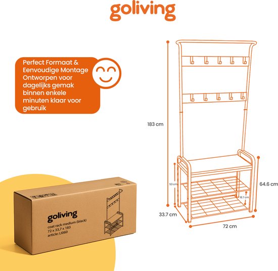 Goliving Kapstok – Garderoberek – Halmeubel – Schoenenrek – Schoenenkast – Industriële kast – Metaal/Hout – 72 x 34 x 183 cm – Zwart