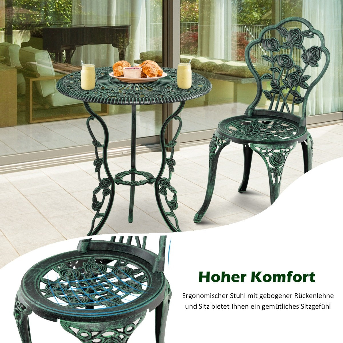 Coast 3-Delige Tuinmeubelset - 2 Stoelen - 1 Ronde Tafel met Parasolgat - Antiek Ontwerp