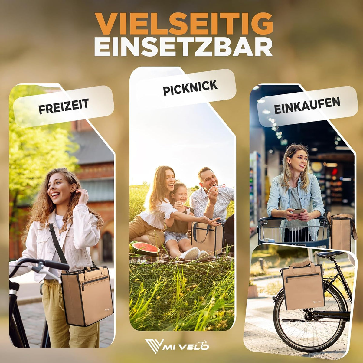 MIVELO - Fietstas Voor Boodschappen - 25 liter Inhoud & Afneembare Koeltas - Polyester - Beige