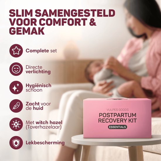 Vulpes Goods®BabyCare - Kraampakket voor Herstel na Bevalling - Peri-fles, Witch Hazel Spray, Hazel Liners, Kraam Ondergoed & Cooling Pads - Kraamcadeau voor Mama - Kraam Kit - Postpartum Box - Vaginale Douche - Incl. Schoudertas