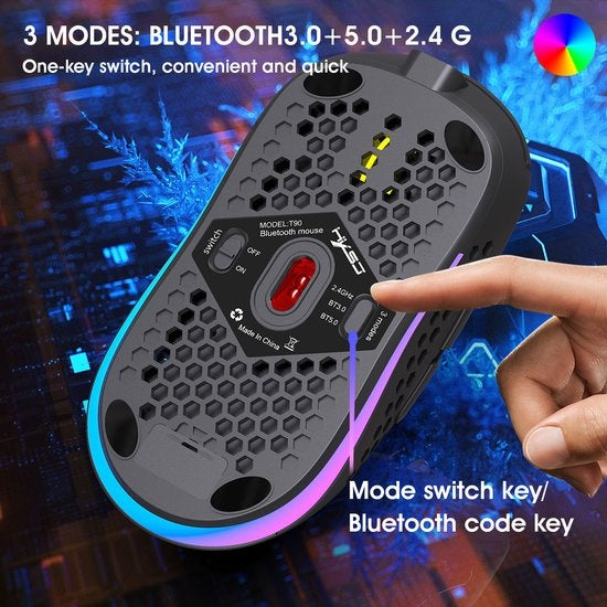 HXSJ T90 2.4G Draadloze Gaming Muis - Bluetooth - Computermuizen - Ultra licht - RGB Verlichting - Zwart