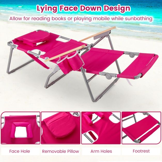 Coast Opvouwbare Strandstoel 66 x 149 x 56 cm - 3-in-1 - Voetsteun/Gezichtsopening - Rozenrood