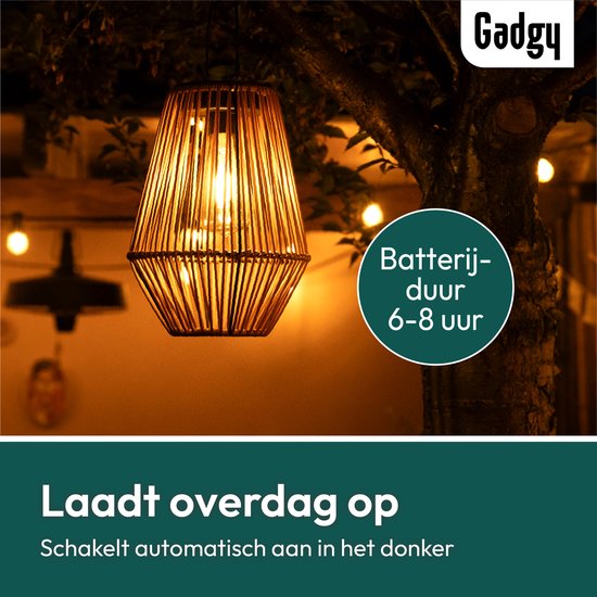 Gadgy Solar Tuinverlichting Rattan Bruin - Tuinverlichting op Zonne Energie - Solar Tafellamp met USB-aansluiting - Buitenlamp Tuinbeeld - Tuinlantaarn met Dag/Nacht Sensor - Verlichting voor Buiten - Lantaarn Tuin