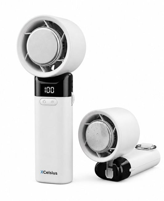 XCelsius® Handventilator - Draagbare Mini Ventilator Opvouwbaar - Oplaadbaar met USB-C - 0% tot 100% traploos instelbaar - Met Instant Koelplaat - Wit