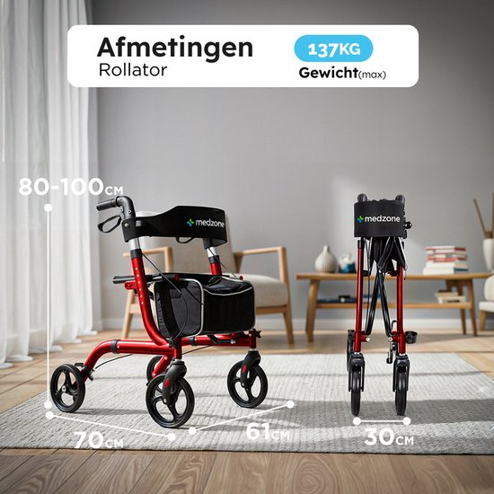 Medzone Rollator Lichtgewicht en Opvouwbaar - Zitfunctie - Binnen en Buiten - Rugleuning en Wandelstok Houder - Champagne - Rood