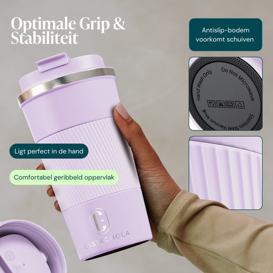 Castagnola Thermosbeker - Koffiebeker To Go - Travel Mug voor Koffie en Thee - Theebeker - 510 ML - RVS - Lichtpaars