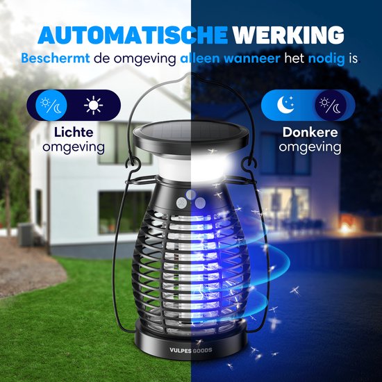 Vulpes Goods® Verjager Muggenlamp PRO – Elektrische Insectenlamp – UV & Nachtlamp – Zonne-energie – Waterdicht