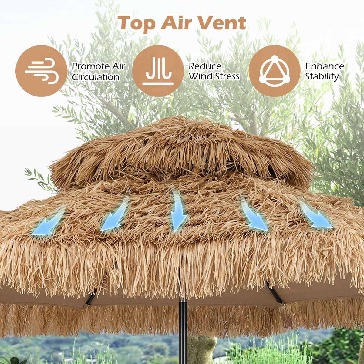 Coast 299 cm Rieten Tiki Parasol Hawaii Dubbeldeks Marktparasol – Naturel/Zwart, Ø 299 cm x 270 cm Hoog