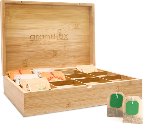 Grandlux Theedoos 12 Vaks – Ruime Vakken voor Pickwick, Pukka, Twinings, Clipper – 100% Bamboe – Thee Organizer