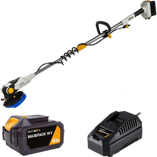 Batavia Accu 18V Twin Brush telescopische reinigingsborstel - Excl. Accu en Oplader - Schrobborstel met telescopische steel - Ergonomisch, waterdicht, verstelbare borstelkop voor moeiteloos reinigen van daken, zonnepanelen en zwembad - Maxxpack