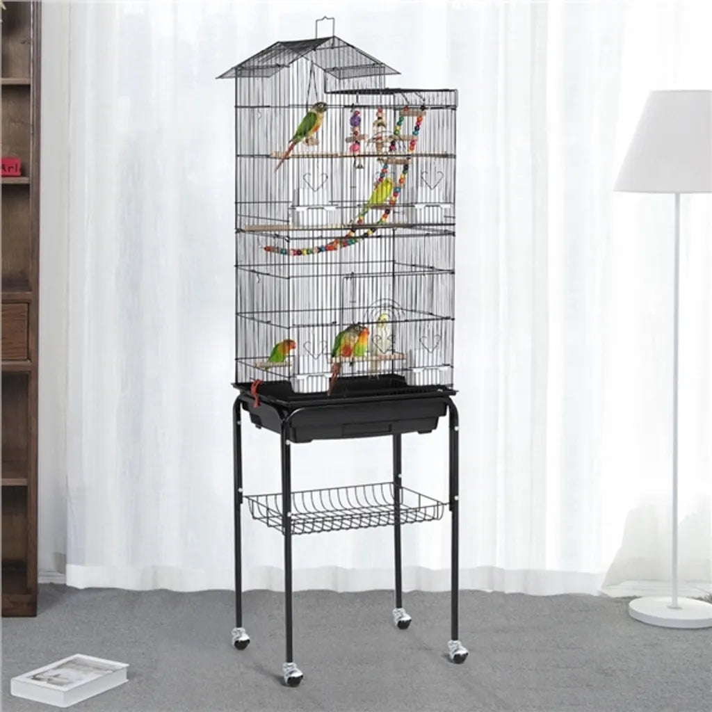 Yaheetech Vogelkooi XL - Met Standaard/Wielen - 46 x 35,5 x 158,5 cm - Zwart
