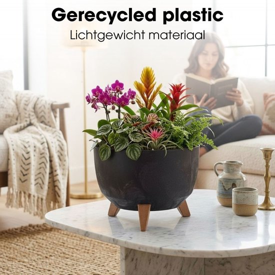 Mica Decorations Doppio Plantenbak op Poten - 18,5 x Ø33 cm - Plantenbakken voor Buiten - Bloembakken voor Balkon - Gerecycled Plastic - Zwart