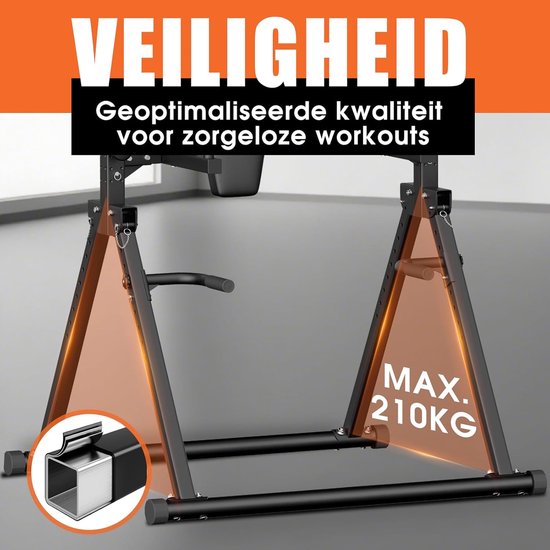 DH FitLife Opvouwbare Power Tower Dip Station tot 210 kg | Vrijstaande Optrekstang met Dipbars en Rugtrainer | Krachtstation Krachttoren