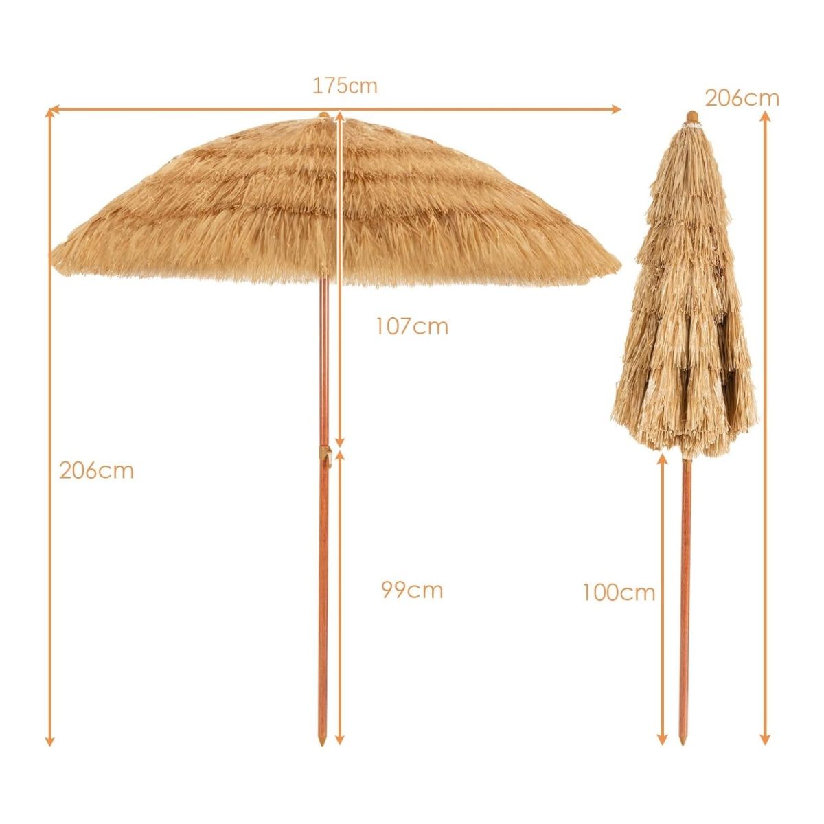 Coast Hawaii Parasolset - Kantelbaar strandparasol - Rieten look - Inclusief draagtas - 175 cm - Beige