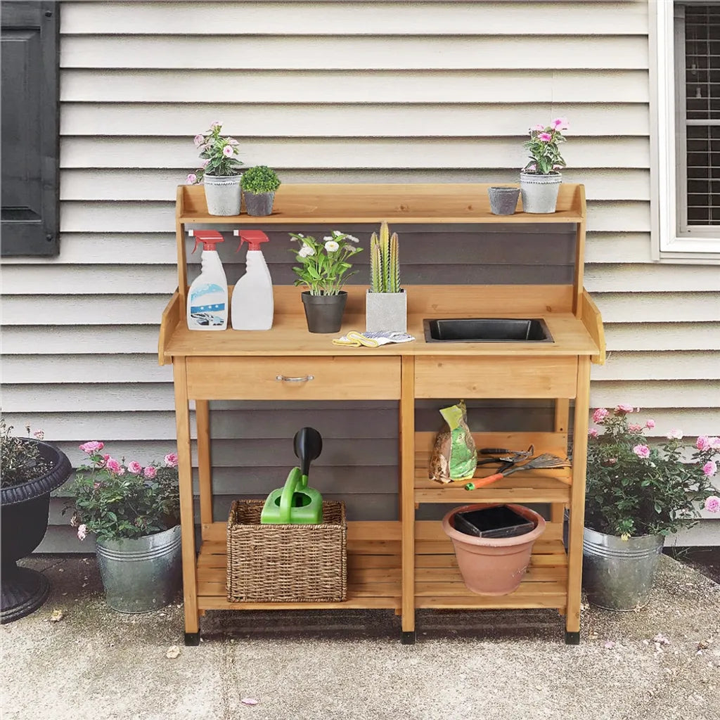 Yaheetech Planttafel - Met Wasbak - Verstelbare Plank - Tuinwerktafel - Houten Oppottafel - Weerbestendig