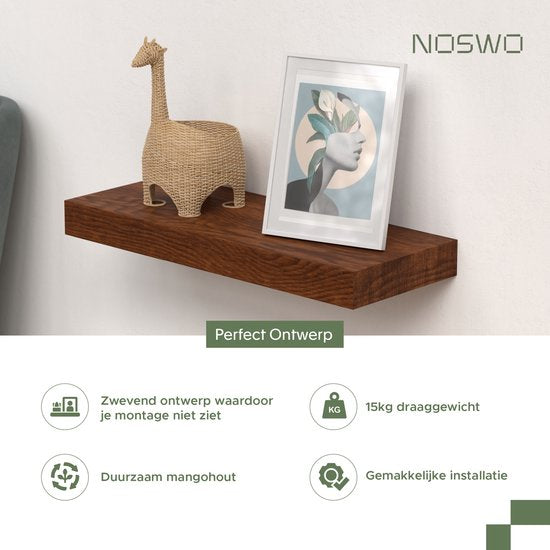 Noswo Zwevende Wandplank - Set van 2 met 15 kg Laadvermogen - Massief Mango hout - Muurplank - 43x16,8 x4 cm - Te gebruiken als Wandplank, Boekenplank en Fotoplank - Inclusief Bevestigingsmateriaal