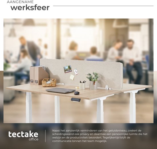 tectake® Bureauscherm scheidingswand Noisy - Met geluidsabsorberende PET-kern - Inclusief 2 bevestigingsklemmen - Afmeting (LxB) 130 x 40 cm - Beige