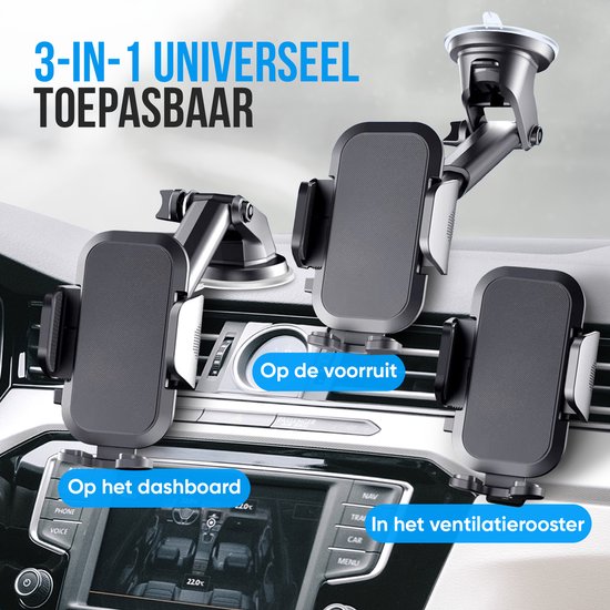Strex - Telefoonhouder Auto - 360° Draaibaar voor Voorruit, Dashboard en Ventilatierooster - Universeel  -  Zwart