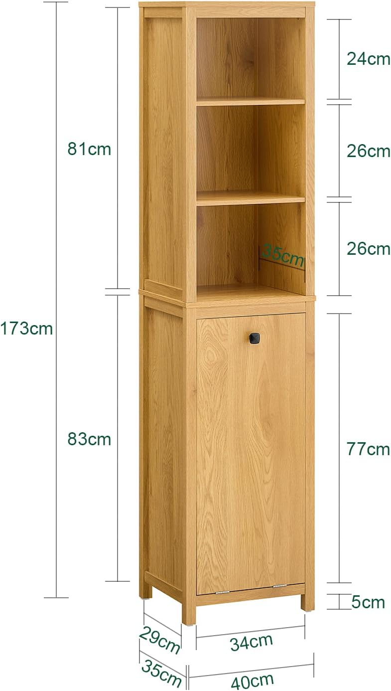 SoBuy Hoge Badkamerkast met Wasmand en 3 Planken - Wandmontage - Hout - 40 x 35 x 173 cm