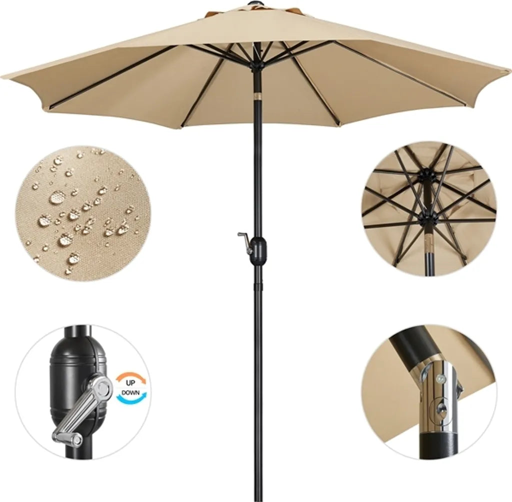 Yaheetech Tuinparasol Ø 270 cm - Lichtbruin - Kantelbare Parasol met Slinger en Ventilatieopening