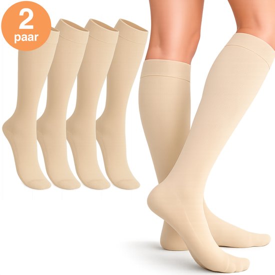 Alyze Compressie kousen - 2 paar - Maat 38-40 - Hoog - 20-30 mmHg - Sokken voor mannen & vrouwen - Medische - Neuropathie - Steunkousen - Diabetes - Doorbloeding, Hardlopen, Vliegtuig, Bed - Nude