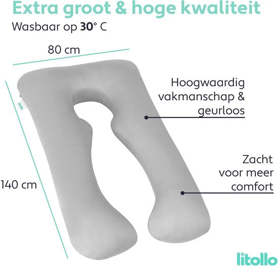 Litollo® Zwangerschapskussen XXL - Voedingskussen - Lichaamskussen - Body pillow - 280cm - Afneembare hoes - Grijs