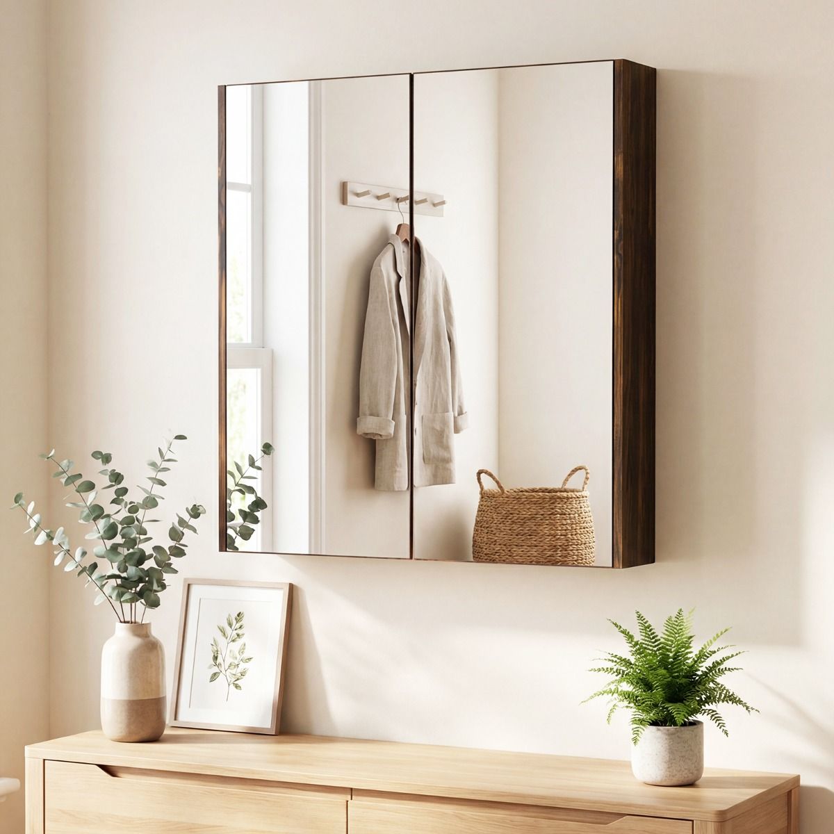 Coast Badkamerkast met spiegeldeuren - ruime opbergruimte - wandmontage - wit/zwart/rustiek bruin - 62 x 11 x 65 cm