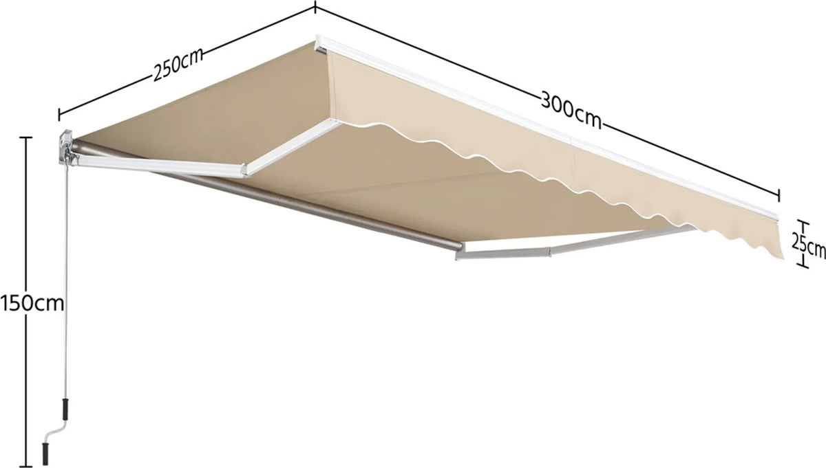 Yaheetech Klemzonnescherm – 300 x 250 x 25 cm – Voorzien Van Handmatige Slingerstang En Verstelbare Hoek En UV-Bestendige Coating – Voor Balkon En Terras – Beige Polyester En Metaal