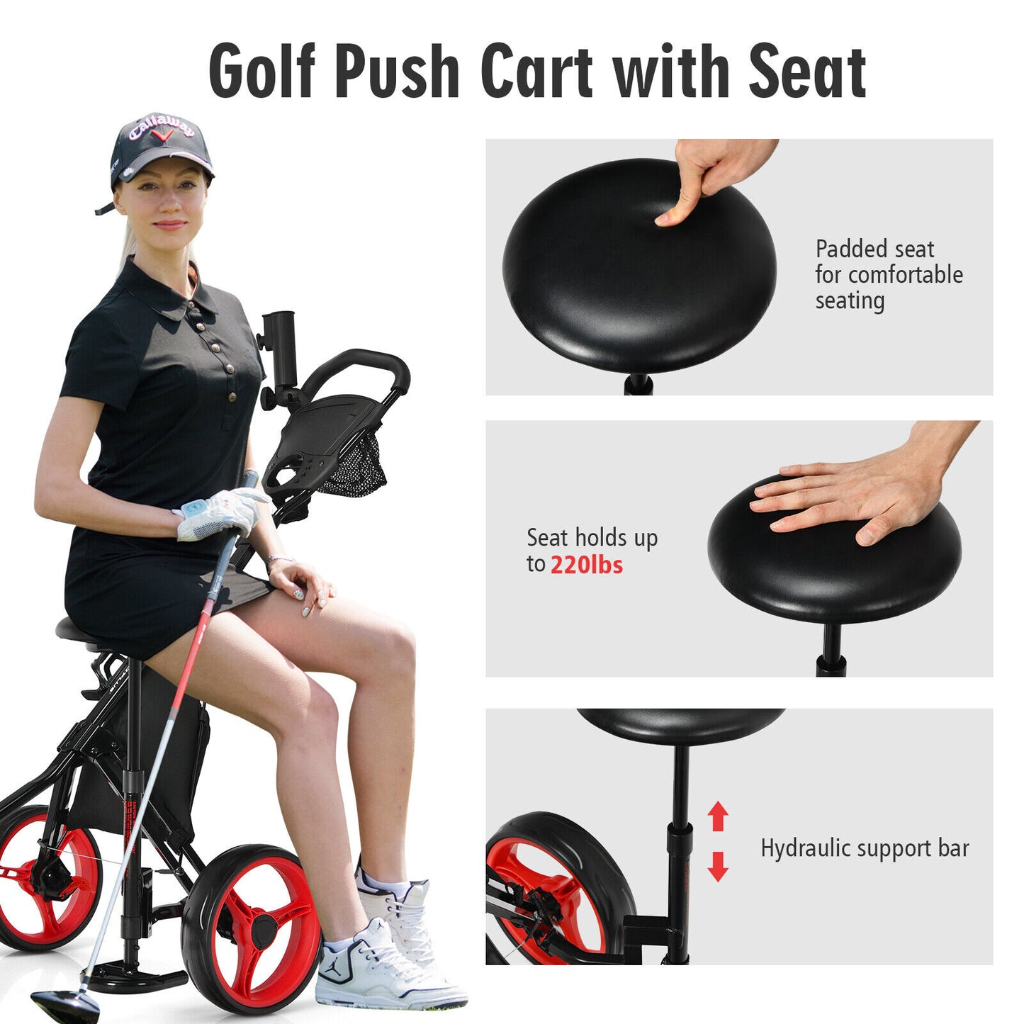 Coast 3-Wheel Golf Kart Verstelbaar licht Golf Kart 129,5 x 75 x 101,5-119,5 cm rood + zwart