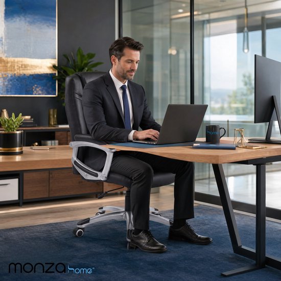 Monza Home® Bureaustoel Zwart – Ergonomische Bureau Stoel – PU Leder – Verstelbaar – 150kg Draagvermogen – Luxe Directiestoel