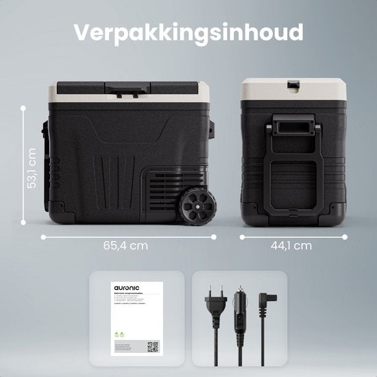 Auronic Elektrische Koelbox - Compressor - 2 Zones - 45L - 12/24V en 240V - Koelen en Vriezen - Camping Koelkast - Frigobox Auto - Met Wielen en Hendel - Zwart