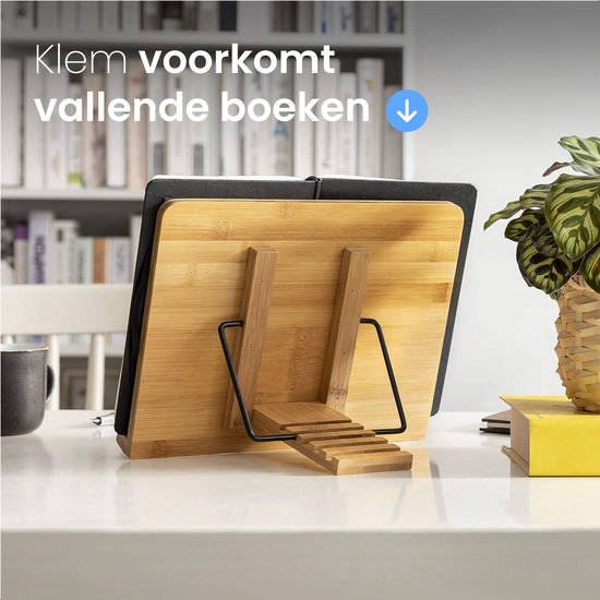 Kookboek en tablet standaard - Verstelbaar met klemmen - Boeken - Steun - Standaard - Rek - Houder - Book - Steunen - Metaal - Hout - Bamboe - Lees - Rekje - Luft