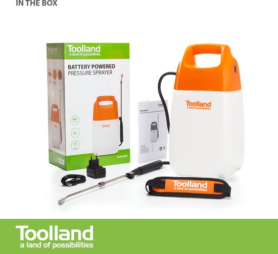 Toolland Drukspuit, elektrisch, herlaadbare batterij, telescopische lans, regelbare sproeikop, schouderriem, 6 liter, wit/oranje/zwart