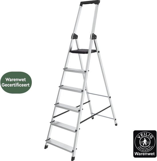 BRASQ Huishoudtrap 6-treden Zilver - keukentrap inklapbaar aluminium voor particulier en professioneel gebruik - Trap Ladder - Anti slip