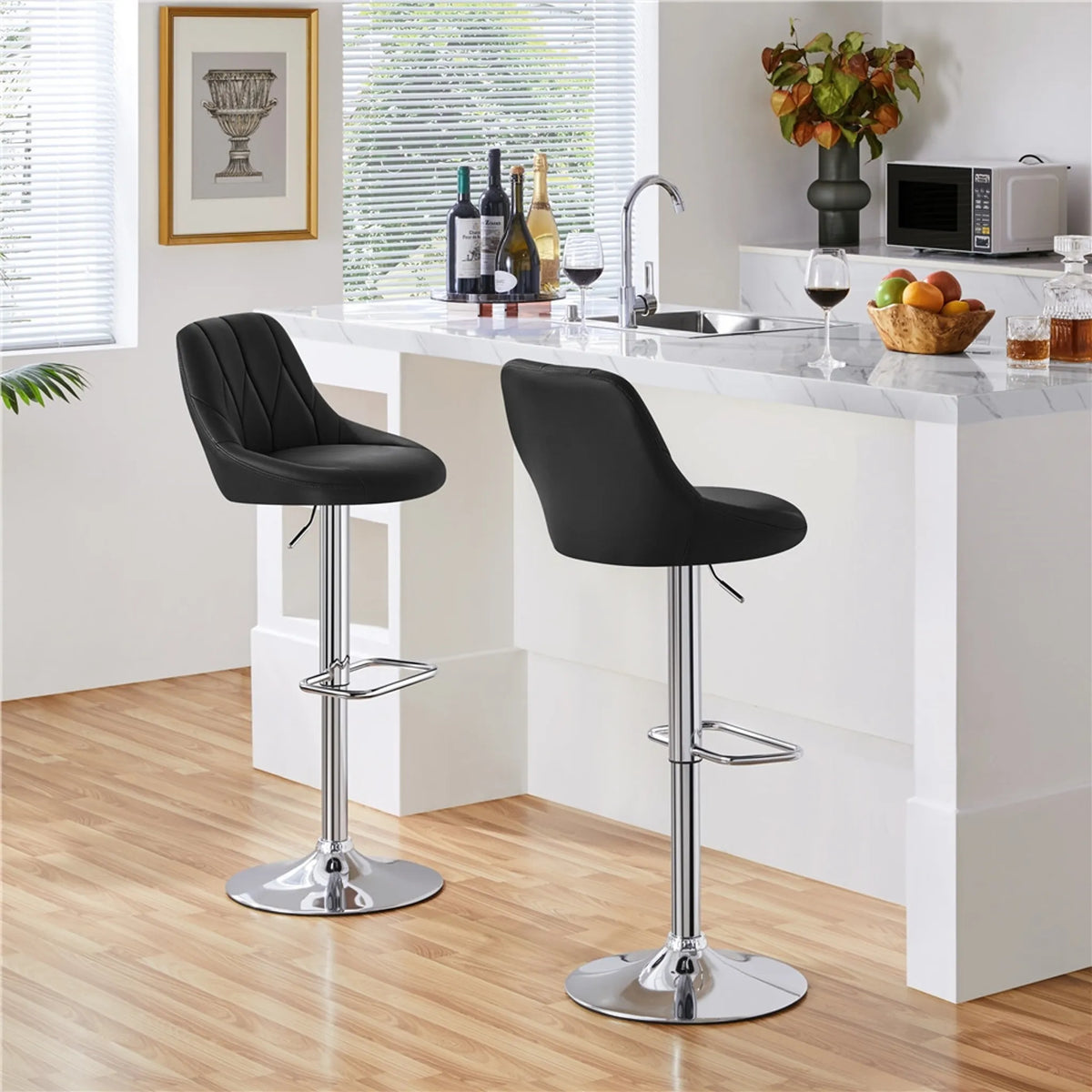Yaheetech Set van 2 Verstelbare Barstoelen met Rugleuning 86-107,5 cm – Strak Zwart – Kunstleder en Metaal