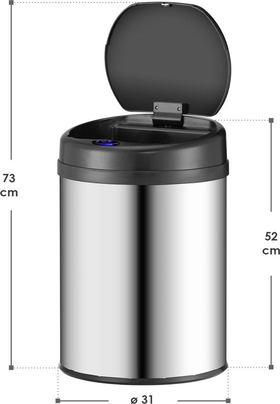 Automatische Prullenbak / Afvalemmer / Sensorprullenbak - 30 Liter - Zilver - Rond
