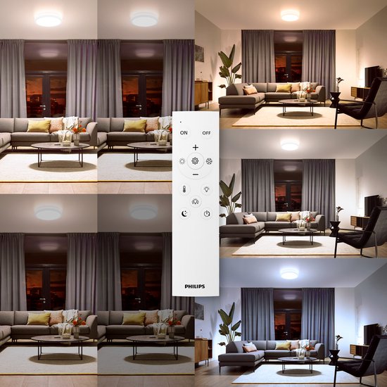 Philips All-In-One Plafondlamp - 2-Pack - Met Afstandsbediening - 24W - LED-verlichting - Warm- tot Koelwit licht; 2700K tot 6500K - 30 cm - Wit - Rond
