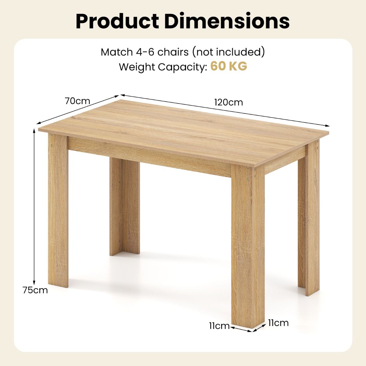 Coast Eettafel - rechthoekig - 4 tot 6 personen - hout - natuur - 120 x 70 x 75 cm