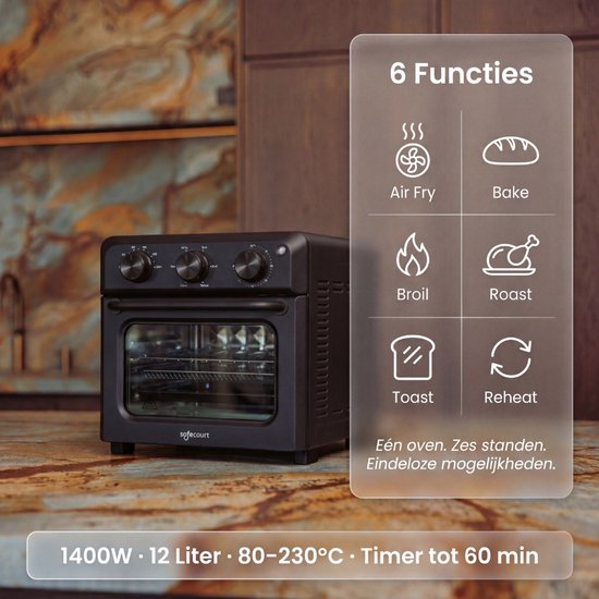 Safecourt 6-in-1 Airfyer oven - 100% PFAS-vrij - 6 programma’s - 80 tot 230 graden - Airfryer, bakken, roosteren, toasten, grillen & opwarmen - Zwart