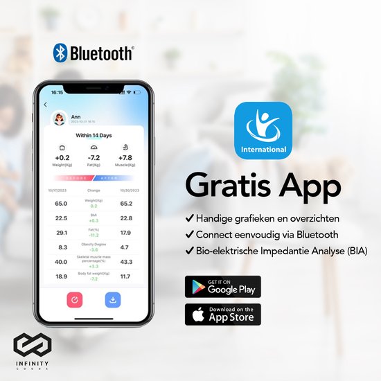 Infinity Goods Digitale Personenweegschaal met App - Smart Scale - Slimme Weegschaal Met Lichaamsanalyse - Zwart